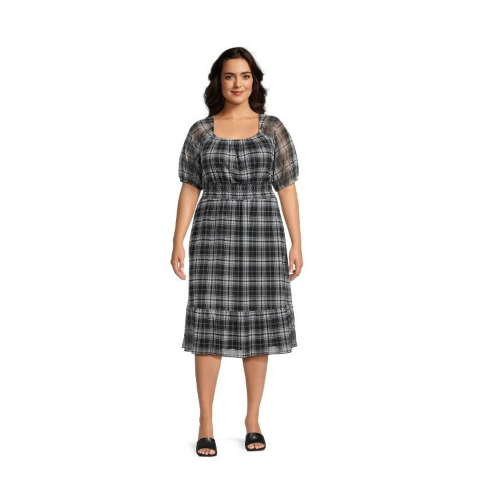 Terra & Sky Plus‎ Size Smocked Mesh Dress Playful Plaid Black Soot 1X 16-18W